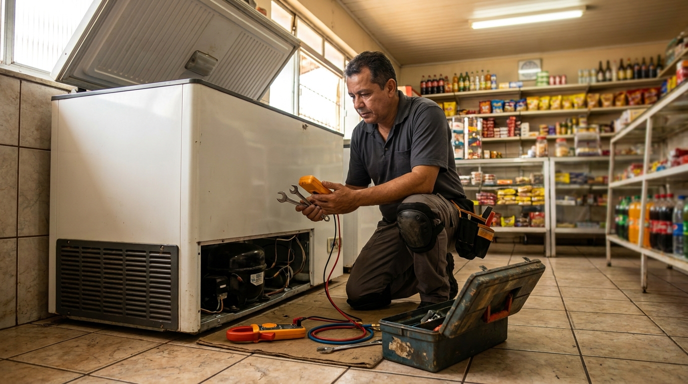 Técnico realizando manutenção de motor de freezer na Vila Andrade, Zona Sul‑SP