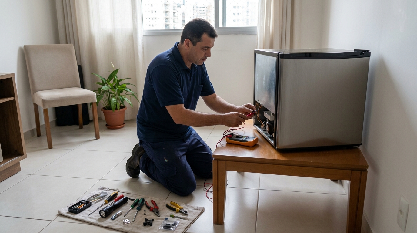 Técnico realizando manutenção de motor de frigobar na Capela do Socorro, Zona Sul‑SP