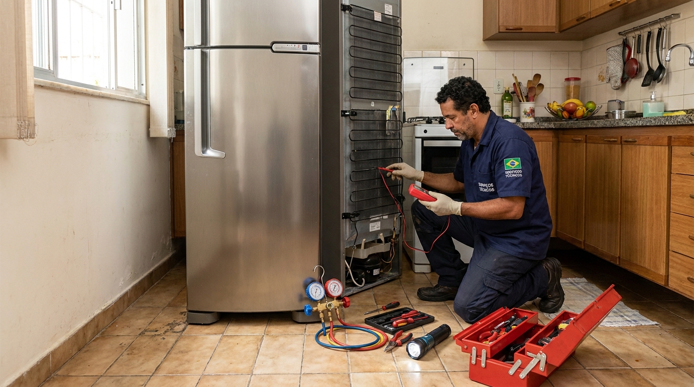 Técnico realizando manutenção de motor de geladeira na Pedreira, Zona Sul‑SP