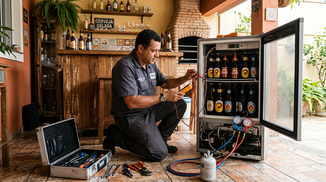Recarga de gás refrigerante em cervejeira em atendimento em Capão Redondo, Zona Sul‑SP