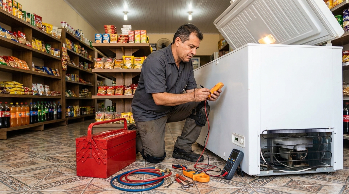 Recarga de gás refrigerante em freezer em atendimento na Vila Andrade, Zona Sul‑SP
